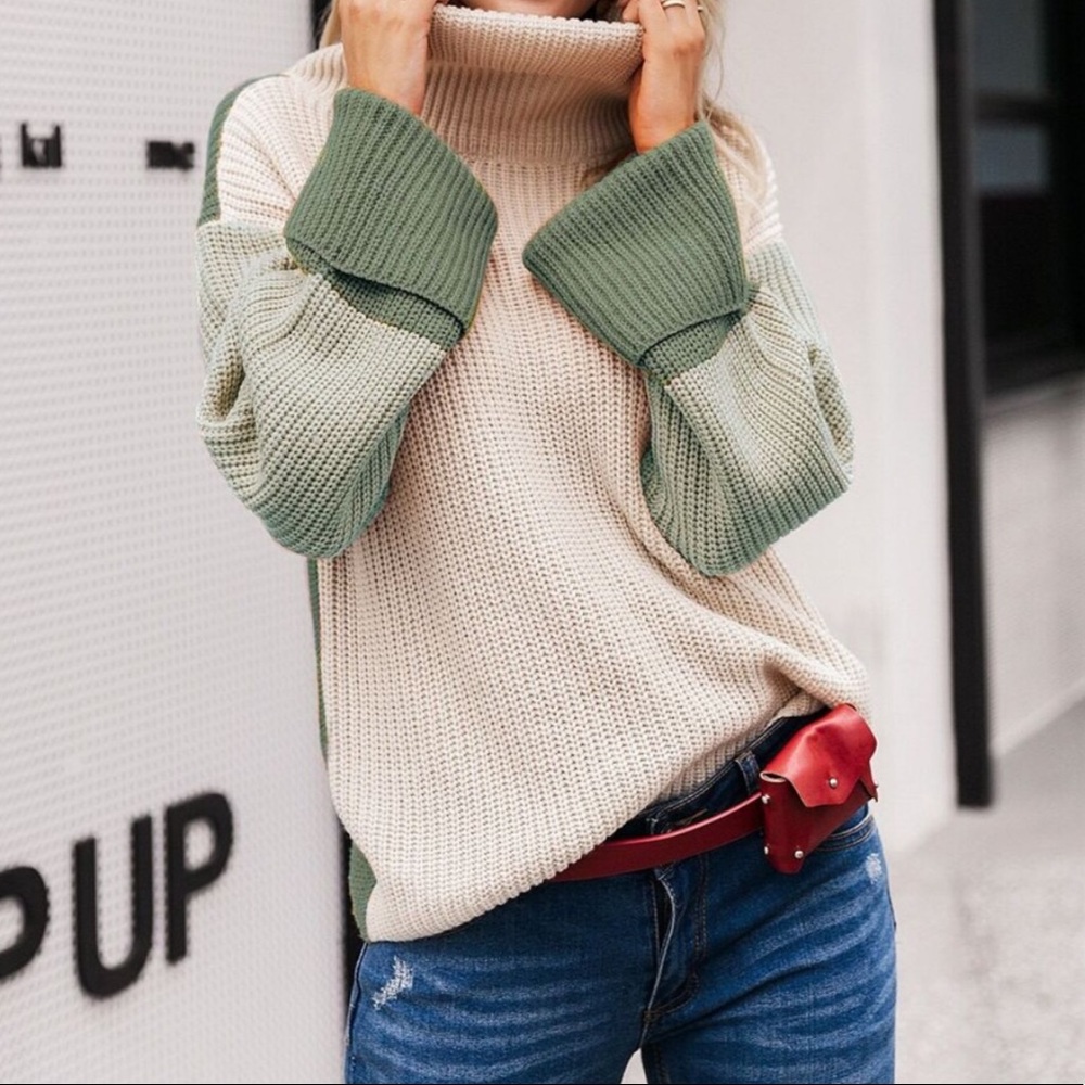Color block turtleneck sweater- GREEN MIX - Picture 4 of 6